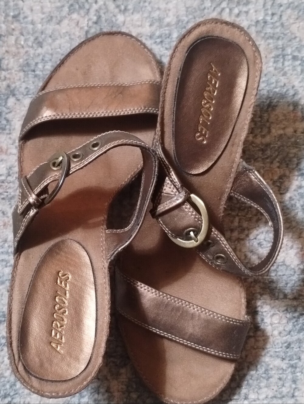AEROSOLES Bronze Leather Double-Strap Slide Sandals with Buckle